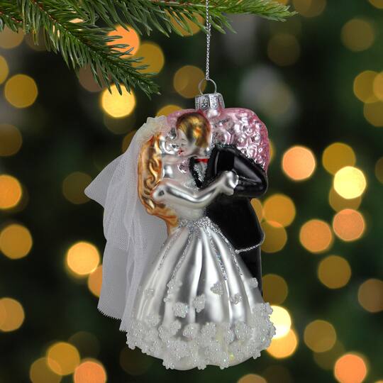5.25" Bride and Groom Kissing Glass Wedding Christmas Ornament